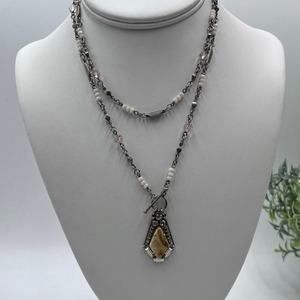 Sorrelli Tan Brown Jasper Pink White Crystal‎ Front Toggle Long Necklace
